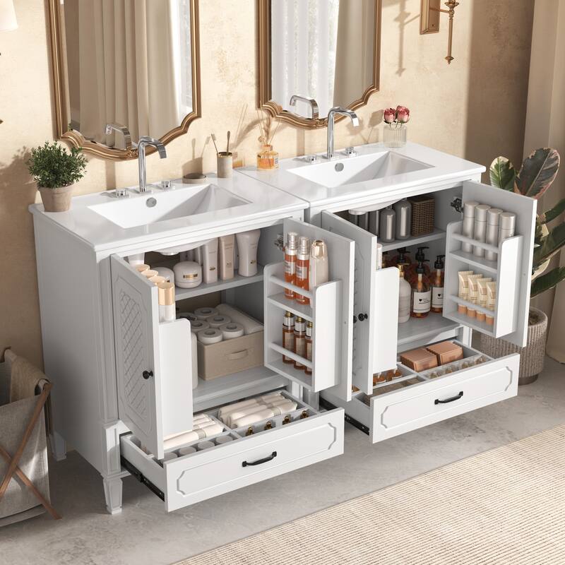 60" Bathroom Vanity with Double Ceramic Sink Combo Set, 2 Free Standing Cabinet with Soft-closing Door Organizers, 2 Drawers