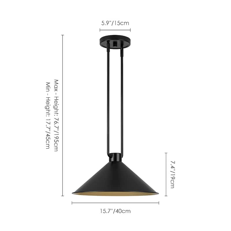 1-Light Vintage Industrial Black and Gold Interior Metal Cone Pendant Light with Adjustable Rods - 15.75 in. W x 7.48 in. H