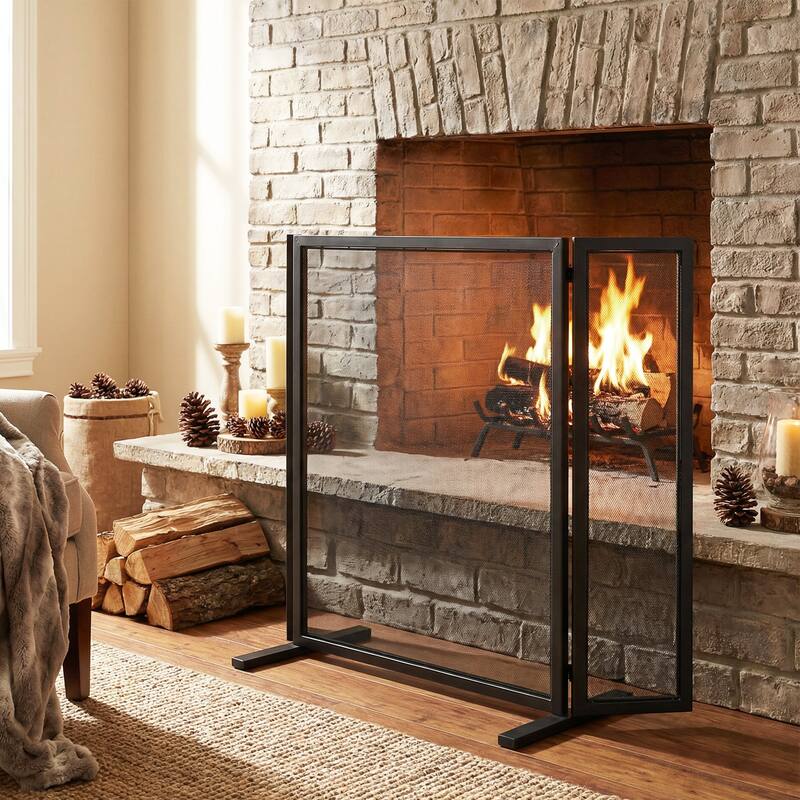 Roomfitters Quiana 3-Panel Iron Fireplace Screen with Minimalist Design, Black Finish
