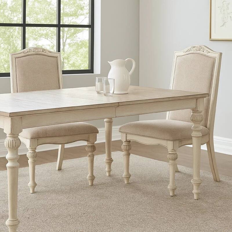 Rustic Wooden Arm Chair with Intricate Carvings, Set of 2, Antique White