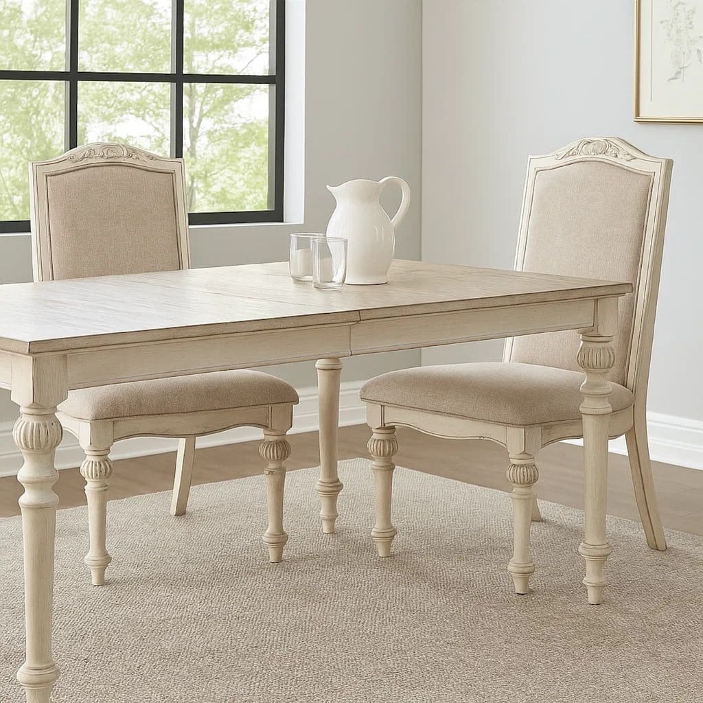 Rustic Wooden Arm Chair with Intricate Carvings, Set of 2, Antique White