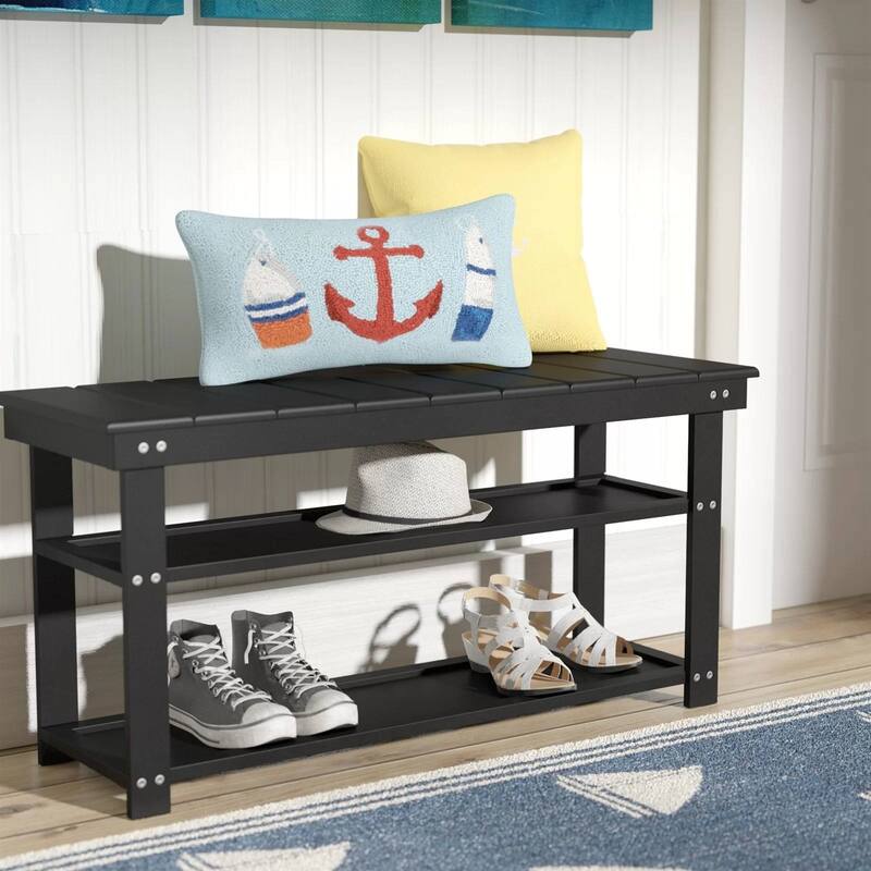 Modern Solid Wood Shoe Storage Bench with 2 Shelves for Entryway Seating and Organized Closet Space - 35.5”L x 12”W x 17”H