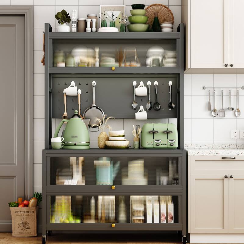 Bakers Rack Storage Organizer with Double Open Doors, 250KG Capacity & Alloy Wheels - 64" Tall - Grey