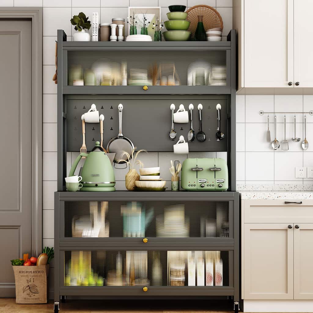 Bakers Rack Storage Organizer with Double Open Doors, 250KG Capacity & Alloy Wheels - 64" Tall