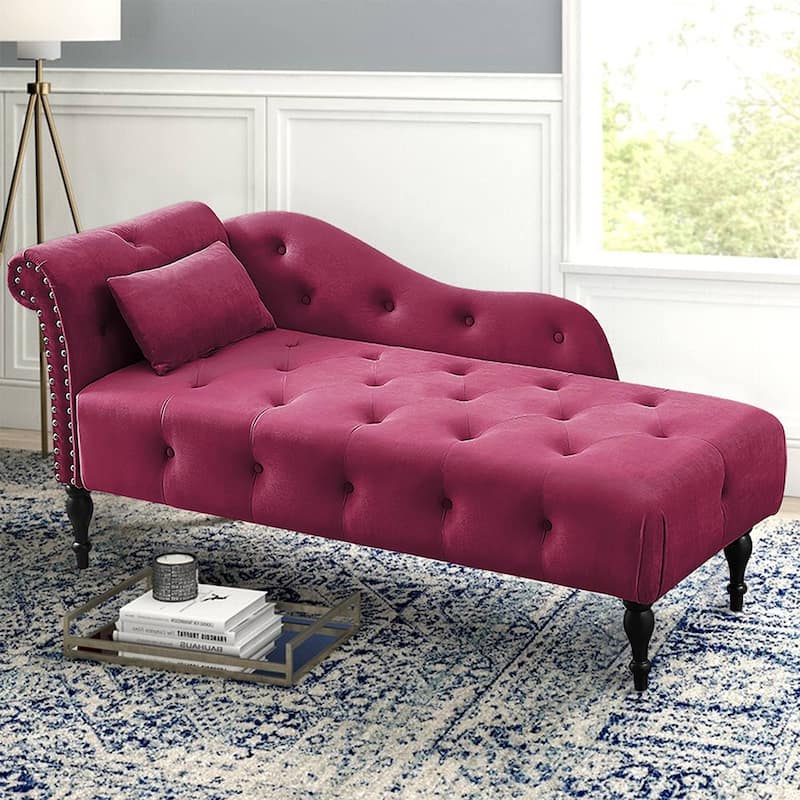 60"W Velvet Chaise Lounge, Tufted with Pillow & Nailhead Decorate - 60.6W" x 27.5D" x 28.3"H
