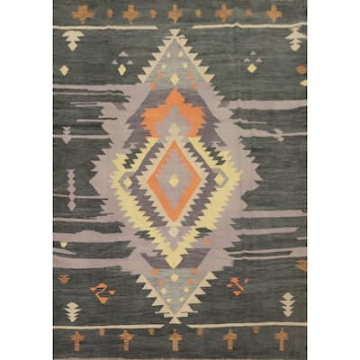 Hand Woven Oriental 100% Wool Carpet Southwestern Tribal Greys & Charcoal Kilim Area Rug - 9' 6'' X 7' 11''