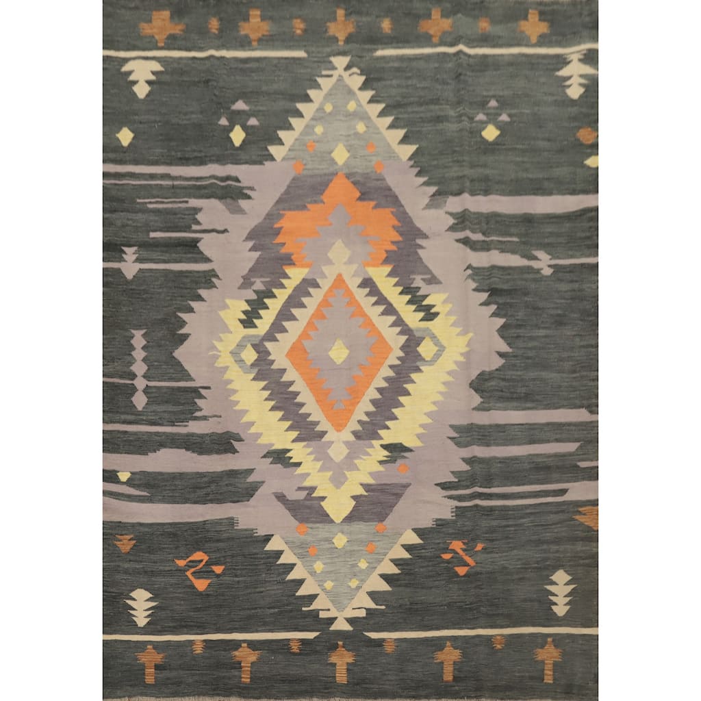 Hand Woven Oriental 100% Wool Carpet Southwestern Tribal Greys & Charcoal Kilim Area Rug - 9' 6'' X 7' 11''