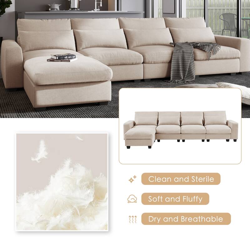 129.9" Chenille L-Shape Sectional Sofa with Reversible Chaise, Feather-Filled Cushions and Spring Support