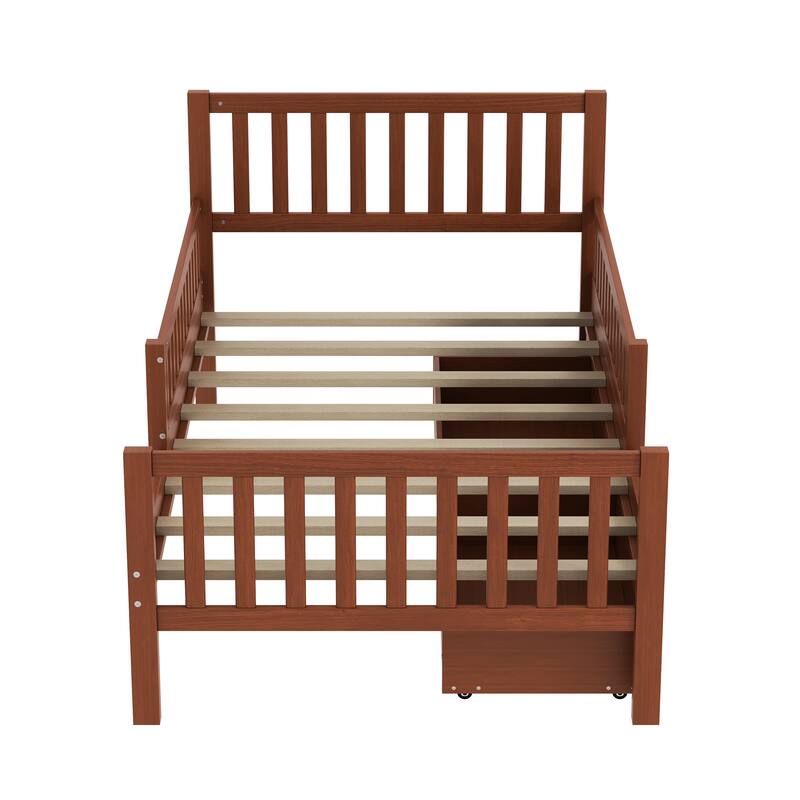 Twin Size Pinewood Platform Bed with Dual Guardrails, 2 Storage Drawers and 300lb Capacity
