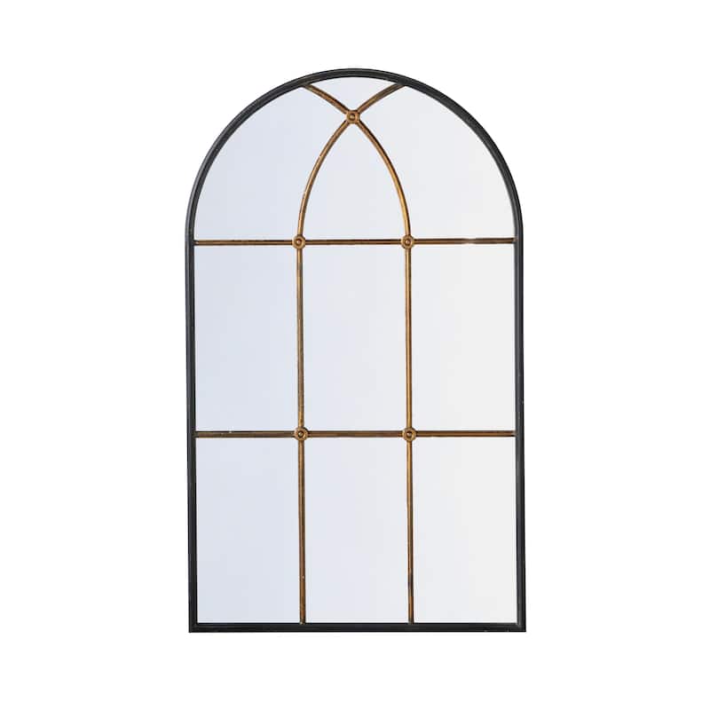 28.3" x 47" Arched Wall Mirror with Black and Gold Windowpane Design