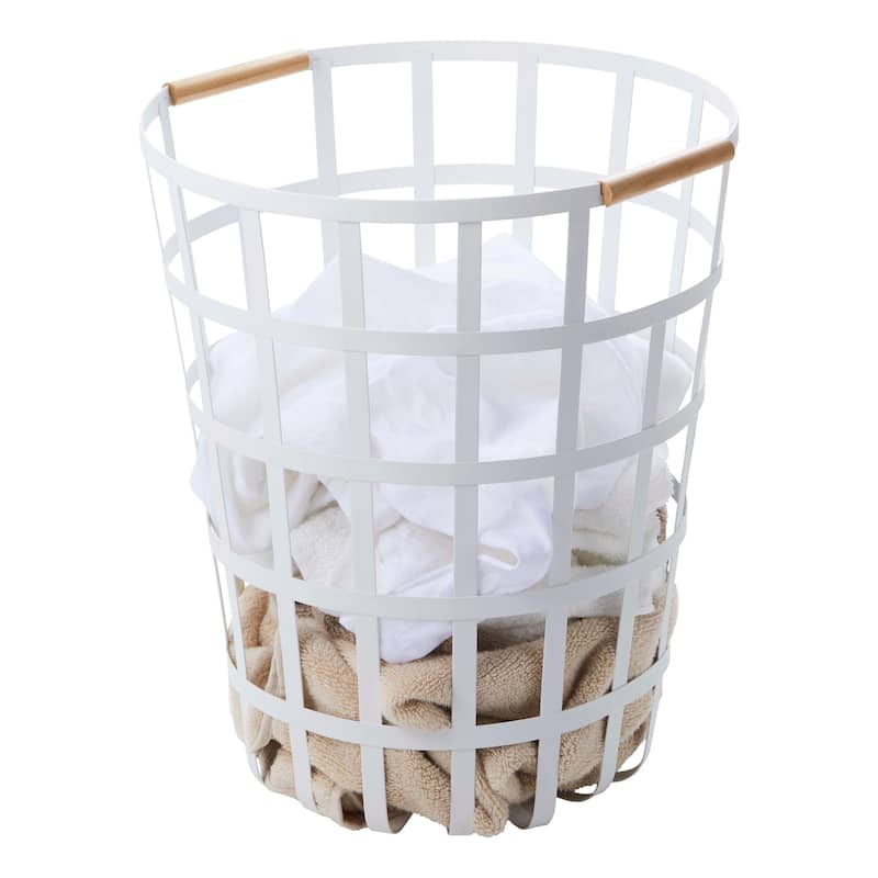 Yamazaki Home Wire Basket, Steel and Wood, 10.5 gallon, 40 liters, Holds 22 lbs - L 15.75 x W 15.75 x H 17.72 inches - White