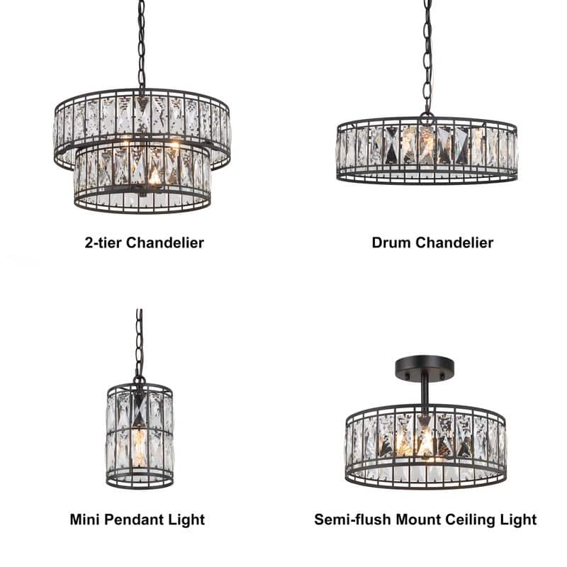 Cirstal 2-Light Modern Black Drum Crystal Chandelier Semi-Flush Mount Ceiling Lights - D12.5"x H 9.5"