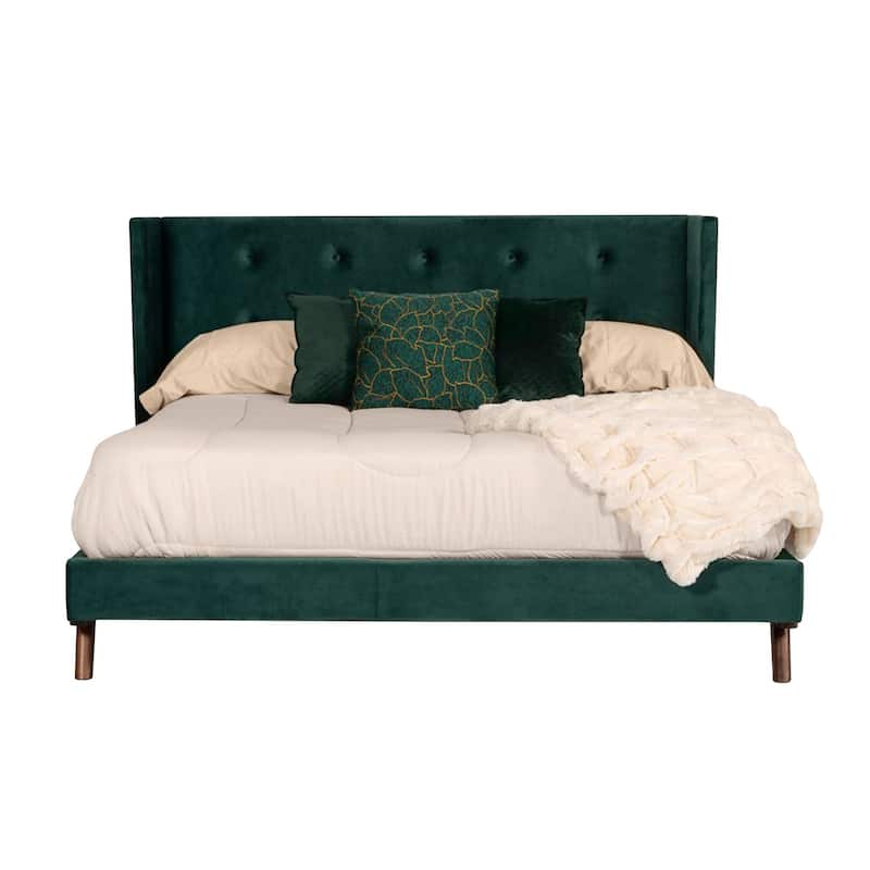 Dury Queen Size Platform Bed, Green Velvet Upholstery, Tufted Wingback
