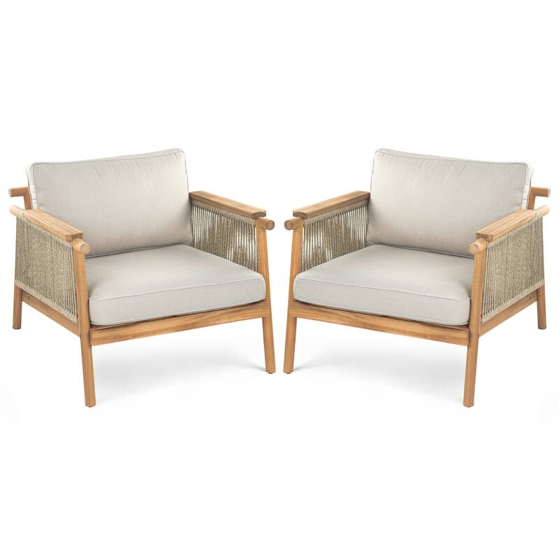 Roomfitters Sumbawa Outdoor Acacia Wood Club Chairs with Rope Woven Arms, Teak Finish - Set of 2
