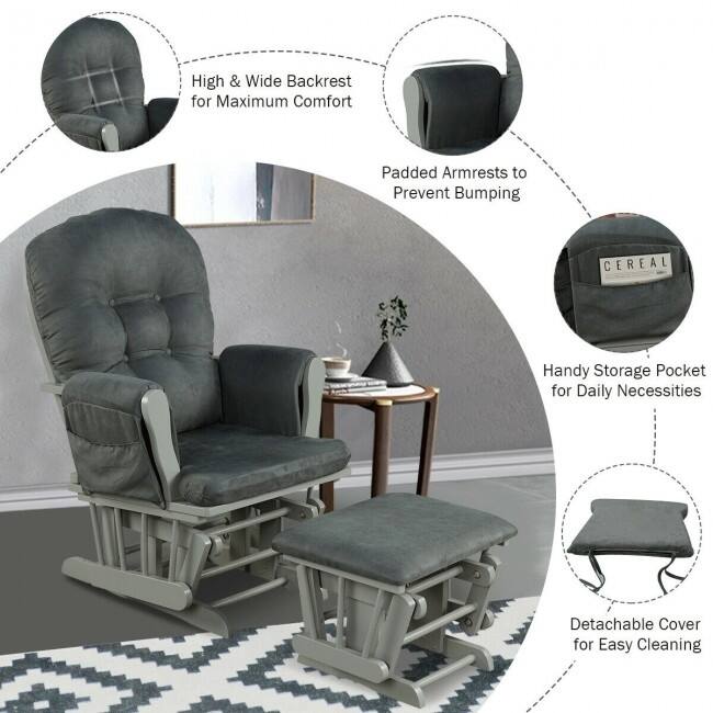 Solid Wood Gliding Chair Set with Pockets and Ottoman for Relaxing