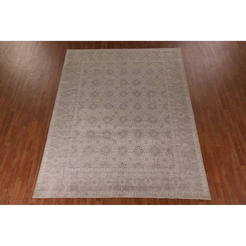 Geometric Oushak Vegetable Dye Area Rug Hand-Knotted Wool Carpet - 7'8" x 9'11"