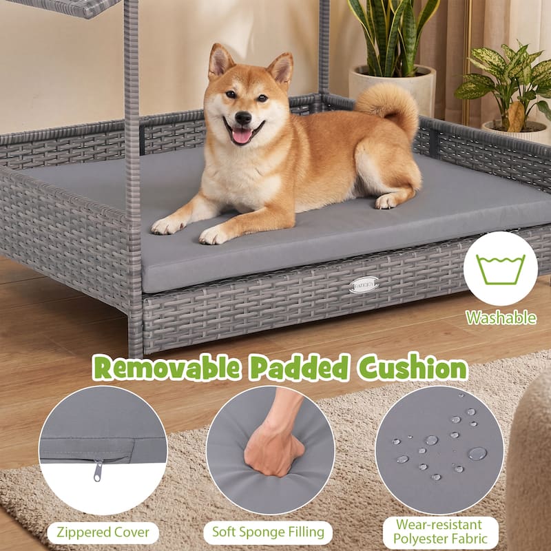 Gymax Wicker Dog House w/ Canopy PE Rattan Dog Bed Waterproof - Gray