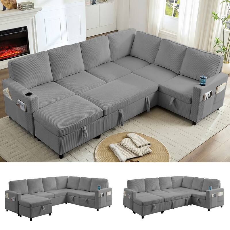 Mixoy 6 Seat U-Shaped Modular Sectional Sofa with Pull Out Bed, Sleeper Sofa Bed with Cup Holders & Storage - Grey - U-Shaped