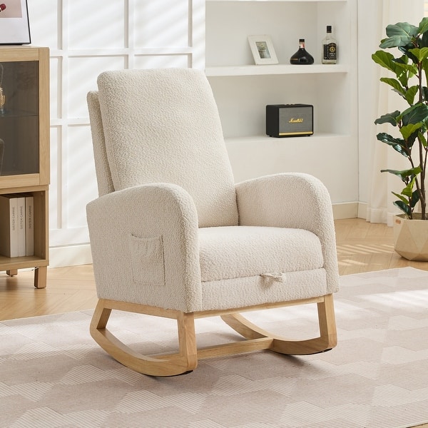 Nursery Rocking Chair, Teddy Fabric Upholstered Glider Rocker With Retractable Footrest And High Backrest, Modern Rocking Accent Chairs Comfy Side Chair Nursery Bedroom