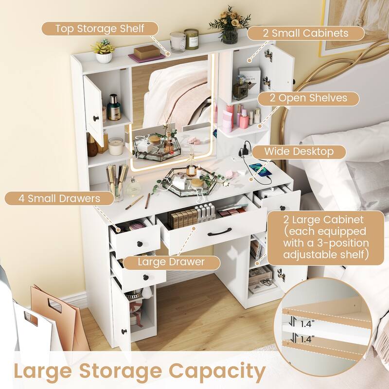 Gymax Makeup Vanity Desk w/ Lighted Mirror Charging Station 3-Color