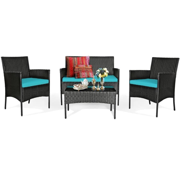 4 Pieces Patio Rattan Cushioned Sofa Set with Tempered Glass Coffee Table - 24" x 23.5" x 33" (L x W x H)