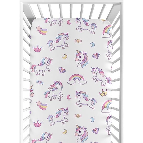 slide 2 of 6, Sweet Jojo Designs Rainbow Unicorns Girl Fitted Crib Sheet Princess Pastel Pink Purple Blue Yellow Blush Moon Stars Abstract
