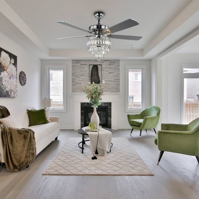 CurveCurio 52-inch Classic Ceiling Fan with Crystal Light Shade, 3 Light, Remote Control and Pull Chain Control for Living Room