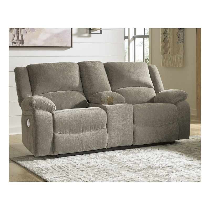 Draycoll Double Power Reclining Loveseat w/ Console, Light Gray/Tan - 40" x 70" x 40"