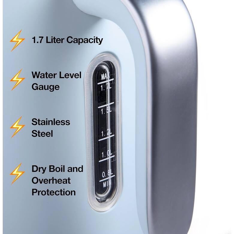 Rae Dunn Electric Hot Water Kettle - Stainless Steel, Swivel Base-Dry Protection, Easy Pour Pitcher, 1.7 Liters