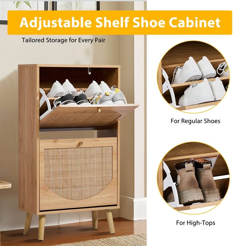 Rattan Shoe Cabinet with 2 / 4 Flip Drawers, Narrow Shoe Storage Cabinet,Organizer for Entryway, Bedroom, Living Room
