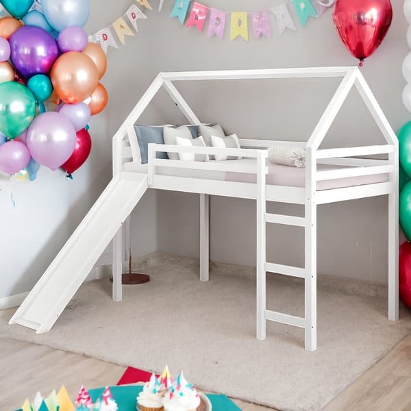 slide 2 of 17, Twin Size Loft Bed House Bed with Slide and Solid Construction for Home White