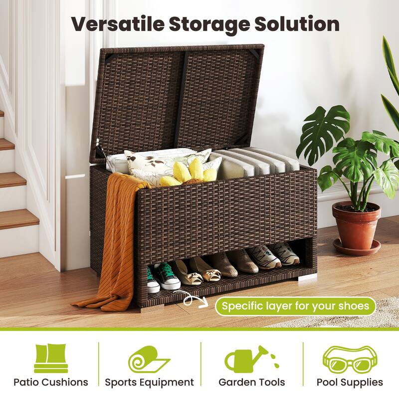 Gymax 48 Gallon PE Wicker Rattan Deck Box w/ Shoe Rack Outdoor Storage