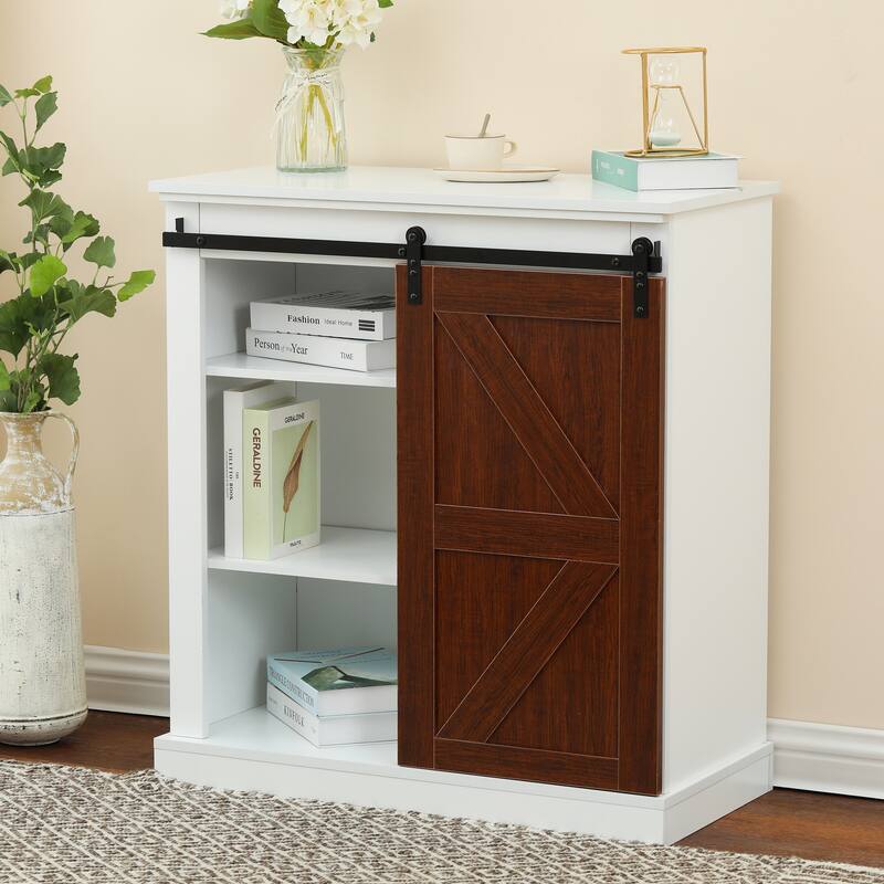 Sliding Barn Door Storage Cabinet - White Wood Accent Cabinet - Farmhouse Style Organizer