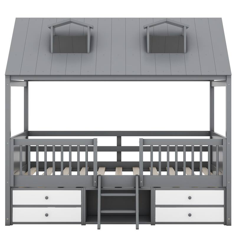 Full/Twin Size Wooden House Bed Frame with Roof, Ladder, Ample Storage - Perfect for Kids' Room, Whimsical Design, Easy Access
