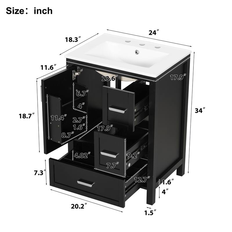 24" Bathroom Vanity with Ceramic Sink, Soft-Close Door, Double-Shelf Storage & 3 Drawers, Solid Wood Frame