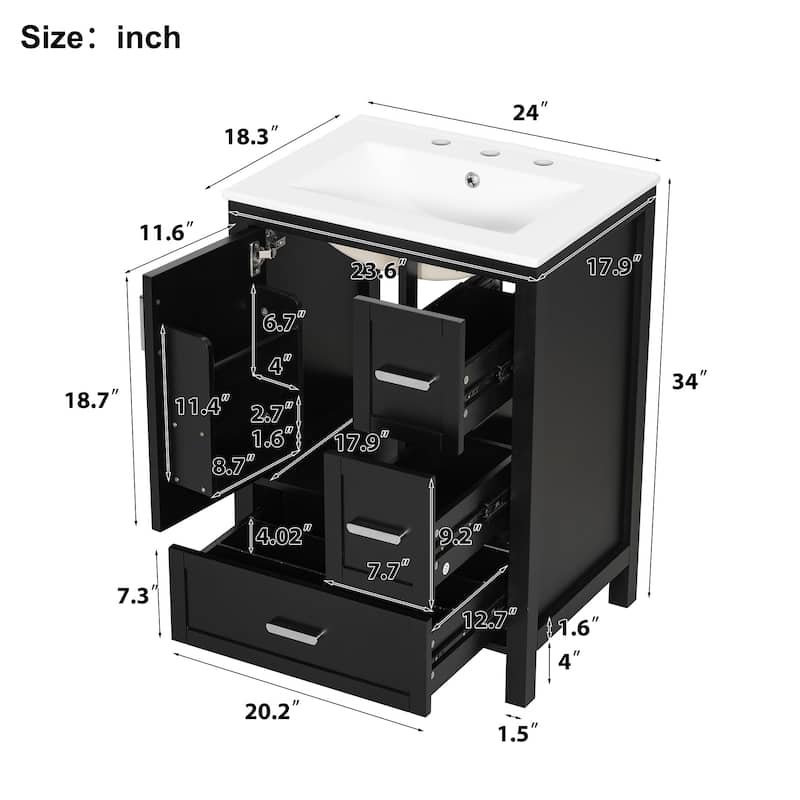 Solid Wood Frame Bathroom Vanity Cabinet with Ceramic Sink, Space-Saving 24-Inch Vanity