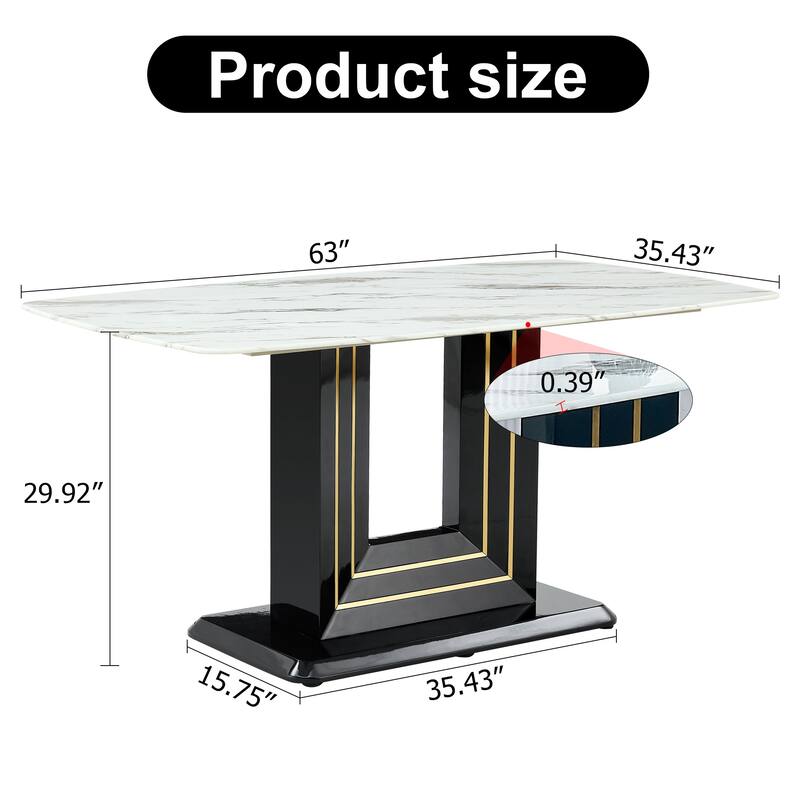 Modern Dining Table Set, 7-Piece Faux Marble Kitchen Table for 6-8, Glass Rectangular Dining Room Table with U-shaped Table Legs