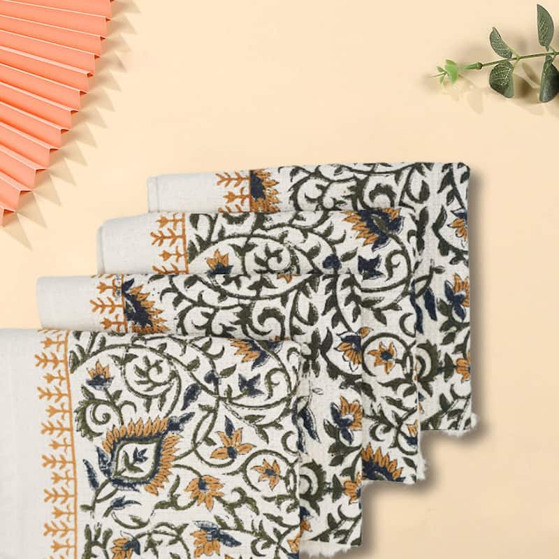 Fabdivine Handmade Floral Block Print Kitchen or Bath Room Hand Towels Home or Office Accent - Set of 6 - Hawamahal- Brown, Dark Blue