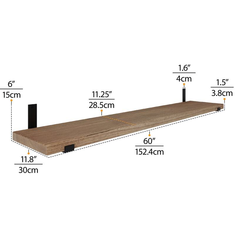 Wallniture Forte Wood Board 60" Long, 11.25'' Deep, 1.5" Thick, Wood Floating Shelf for Wall with Heavy Duty Metal Brackets, 1pc