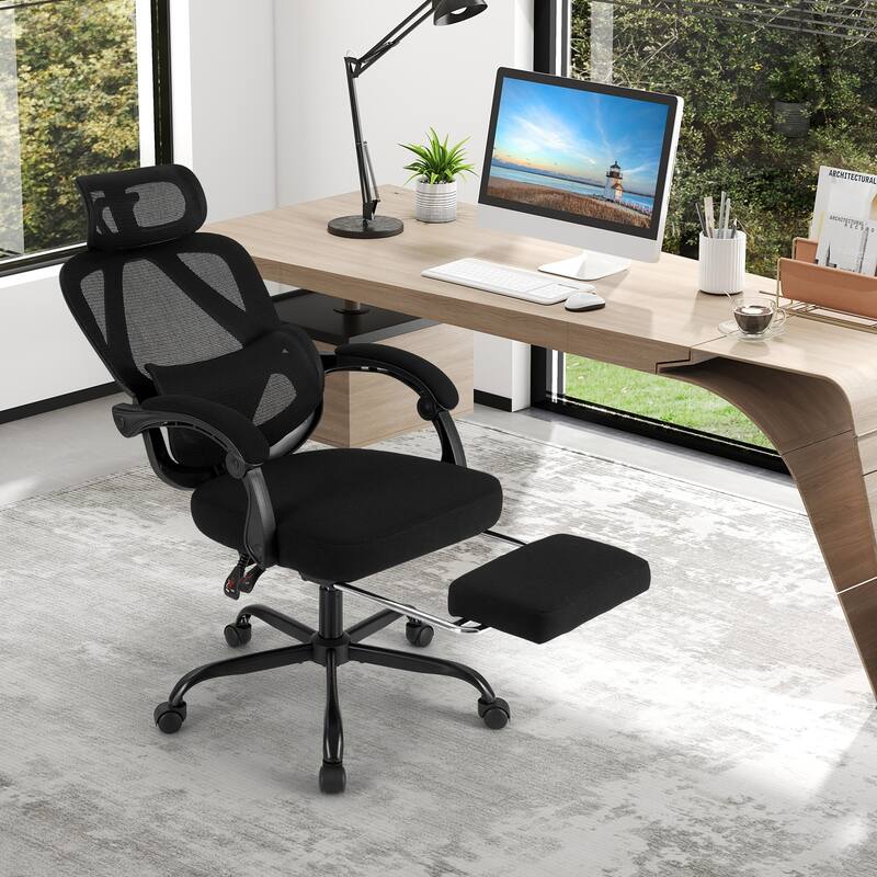 Ergonomic Mesh Office Chair with Reclining Backrest Footrest Adjustable Headrest and Lumbar Support Black Swivel Computer Chair