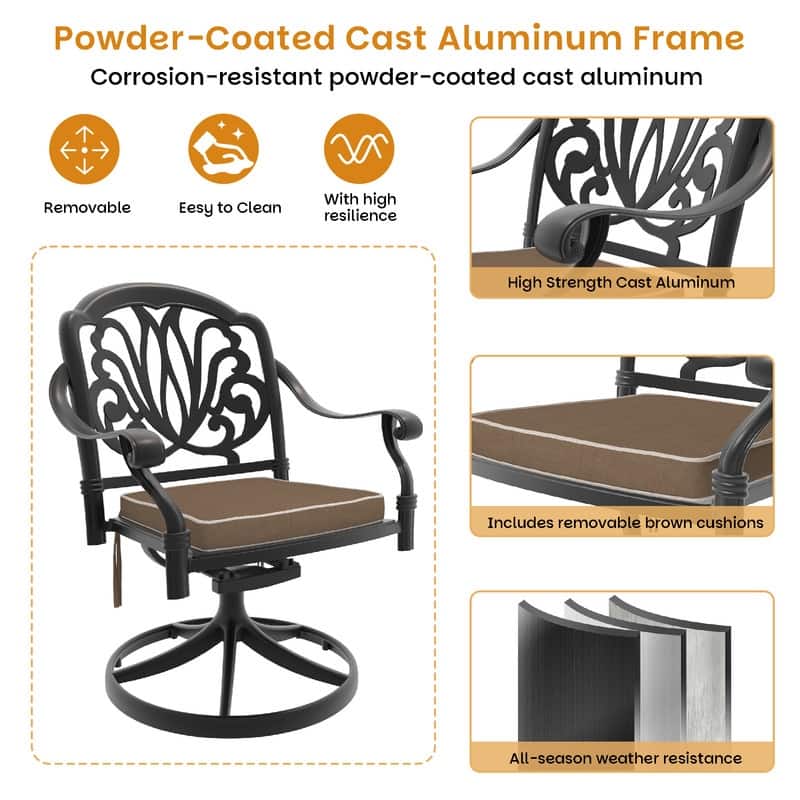 5-Piece Aluminum Round Outdoor Patio Dining Set, 4 Cushioned Swivel Chairs, Table, All-Weather Frames