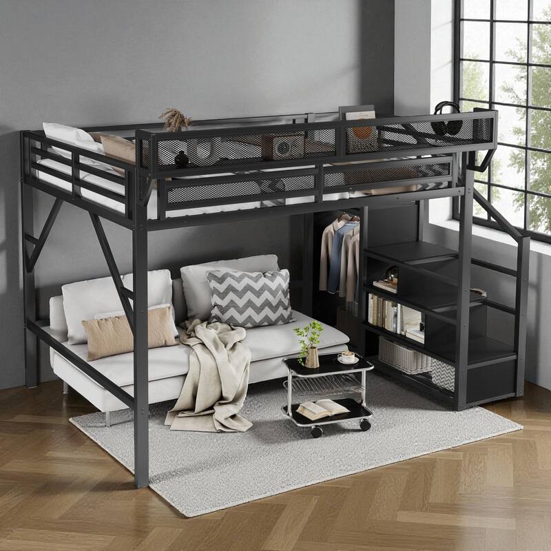 Full/Queen Size Metal Loft Bed with Stairs, Wardrobe, and Storage Shelves, High Loft Bed Frame for Kids and Teens
