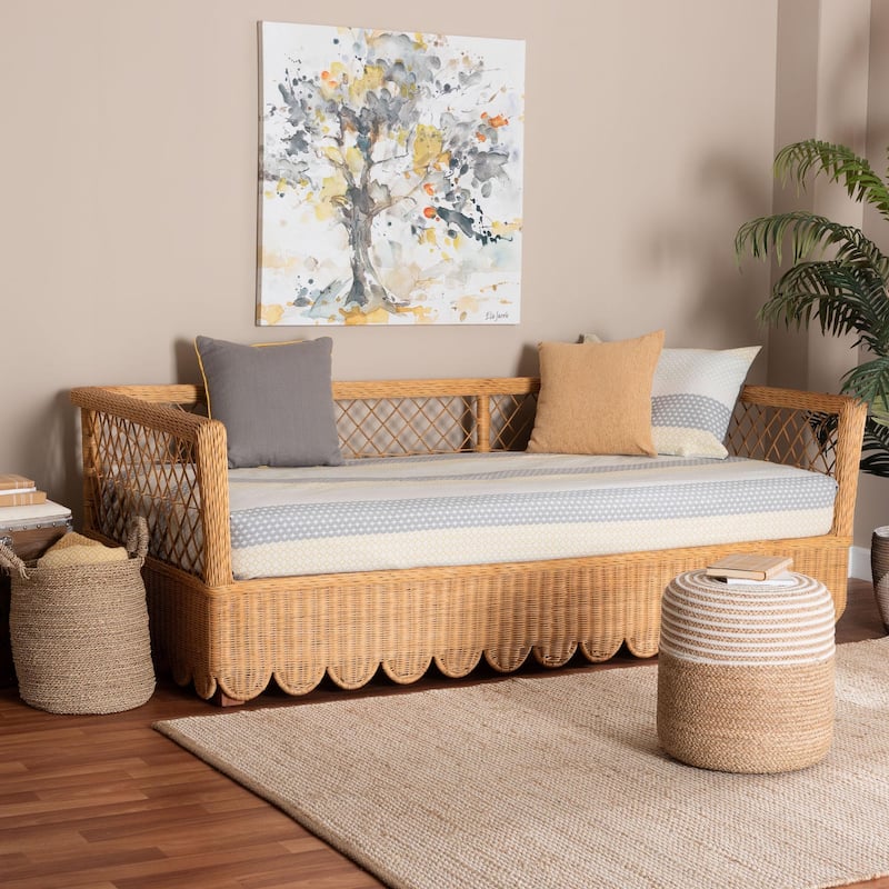 Teresa Natural Rattan Daybed - Handwoven Sofa Bed Frame with Scalloped Edge and Open Lattice Back, Coastal Boho Style, Twin