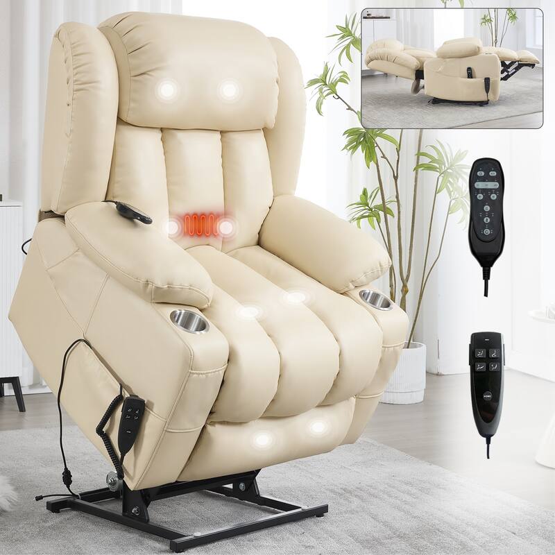 Dual Motor Infinite Position Power Lift Recliner Chair Heavy Duty Motion Mechanism with Massage and Lumbar Heating, Cup Holders