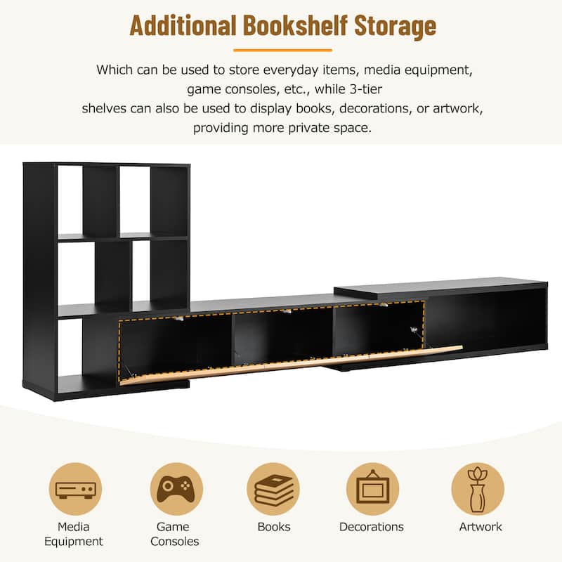 Modern Extended TV Stand with 3-Tier Bookshelves, Storage Cabinets and Sliding Tabletop, for Living Room, Black