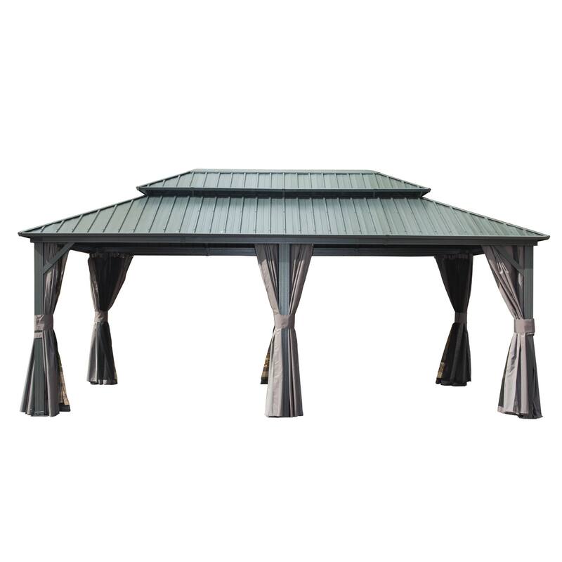 12' x 20' Outdoor Aluminum Hardtop Gazebo with Galvanized Steel Double Roof with Curtain and Netting - Grey