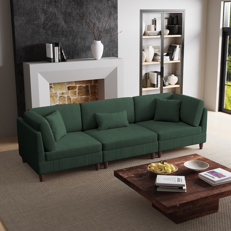Corduroy Modular Sectional Sofa Set With Pillows - Hunter Green-3 Piece