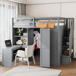 Full Size Grey Wooden Loft Bed w/ Desk, Storage Staircase & Shelves, Built-in Wardrobe w/ Foldable Door Panels for Student Dorms