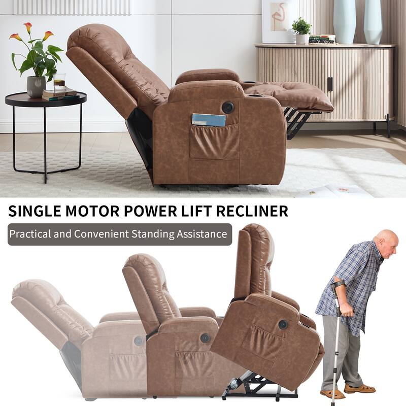 Roomfitters Heavy Duty Power Lift Recliner, PU Leather Massage Chair with Heat, USB Port and Dual Cup Holders