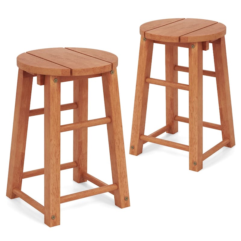 Natural Eucalyptus Wood Outdoor Bar Stools Set of 2 with Crossbars and Comfortable Seat - 11.5" x 11.5" x 18" - Natural
